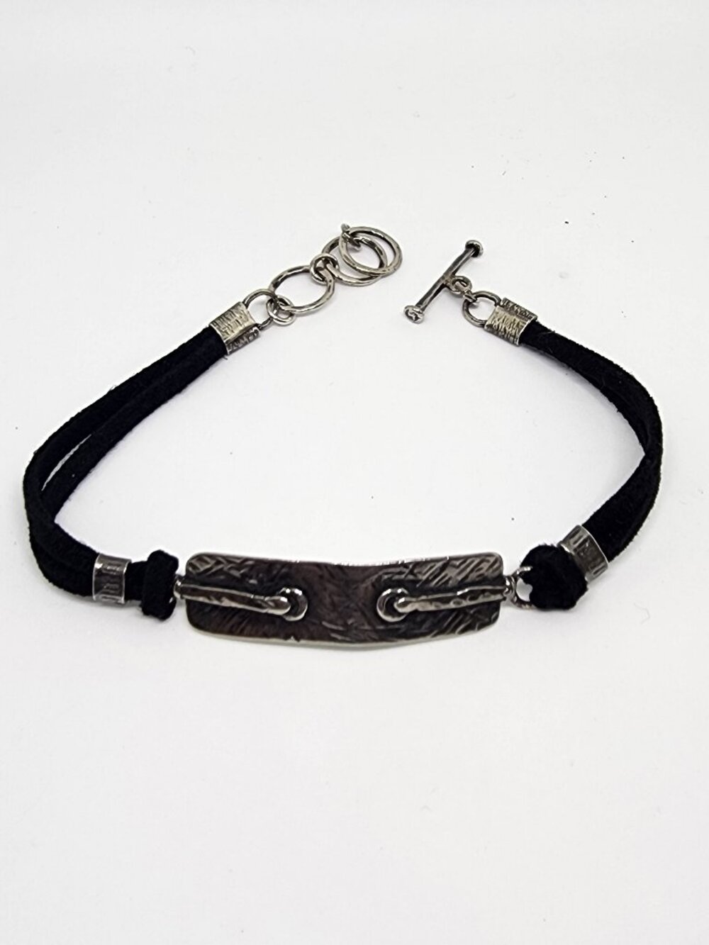 Stunning Handmade Sterling Silver Bar Black Suede Toggle Clasp Bracelet Toggle